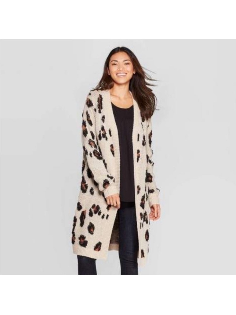 Knox Rose Large Cream Leopard-Print Long Cardigan with Brown and Black Spots